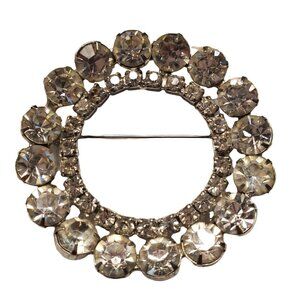 Clear Rhinestone Large Wreath Brooch Vintage Unsigned Silvertone Pin